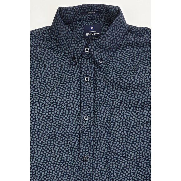 Ben Sherman Stretch Size Medium Mens Navy Lines Pattern Button Down Logo Shirt - Picture 1 of 10